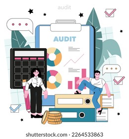 Concepto de auditor. Evaluación y optimización del negocio. Inspección y análisis de datos financieros. Ilustración vectorial plana