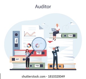 Auditor concept. Business operation research and analysis. Professional financial management. Financial inspection and analytics. Isolated flat vector illustration
