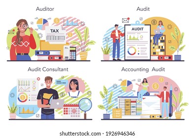 Conjunto de conceptos del auditor. Especialista en operaciones comerciales. Gestión financiera profesional. Inspección y análisis financieros. Ilustración vectorial plana aislada