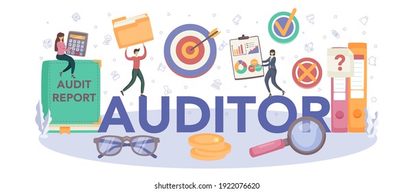 Auditor concept typographic header. Business operation research and analysis. Professional financial management. Financial inspection and analytics. Isolated flat vector illustration