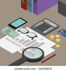 Auditor desktop, accounting documents, the analysis of these reports, the analyst. Workplace isometrics