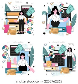 Auditor online service or platform set. Business operation specialist. Financial management, inspection and analytics. Online call, chat, e-mail, website. Flat vector illustration