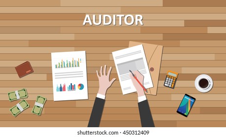 auditor text with businessman hand working on paper document with graph chart and money vector graphic illustration