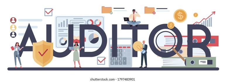 Encabezado tipográfico del auditor. Investigación y análisis de operaciones empresariales. Gestión financiera profesional. Inspección y análisis financieros. Ilustración vectorial plana aislada