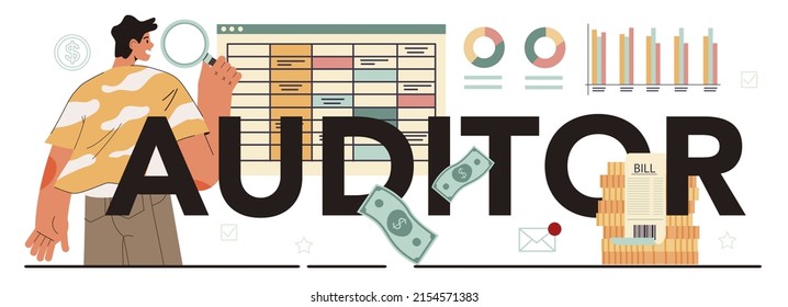 Auditor typographic header. Business operation specialist. Professional financial management. Financial inspection and analytics. Flat vector illustration