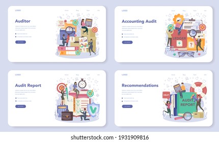 Auditor web banner or landing page set. Business operation research and analysis. Professional financial management. Financial inspection and analytics. Isolated flat vector illustration