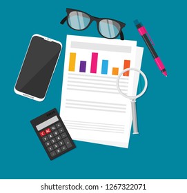 Auditor work desk, accounting paperwork, business research, financial audit, auditing tax process, report data analysis, analytics, financial research report, project desktop vector, color background