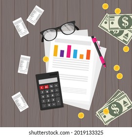 Auditor work desk, accounting paperwork, business research, financial audit, auditing tax process, report data analysis, analytics, financial research report, project desktop vector, color background