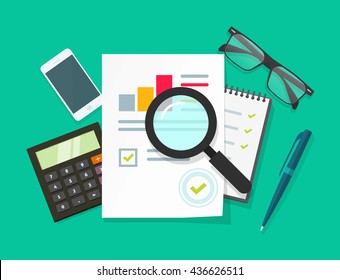 Auditor work desk, accounting paperwork, business research, financial audit, auditing tax process, report data analysis, analytics, financial research report, project desktop vector, color background