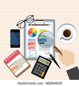 Auditor work desk, accounting paperwork, business research, financial audit, auditing tax process,analysis,  financial research report, project desktop vector, vector illustration