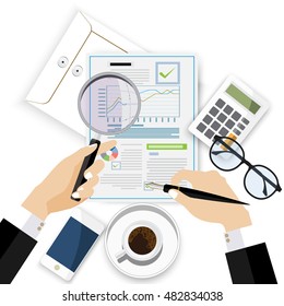 Auditor work desk, accounting paperwork, business research, financial audit, auditing tax process,analysis,  financial research report, project desktop vector, vector illustration