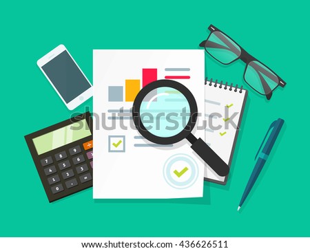 Auditor work desk, accounting paperwork, business research, financial audit, auditing tax process, report data analysis, analytics, financial research report, project desktop vector, color background