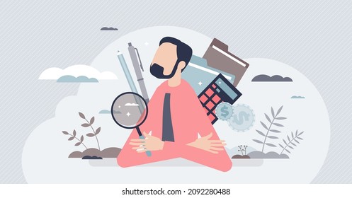 Auditor work with financial data research and evaluation tiny person concept. Company documents audit with quality inspection and business assessment vector illustration. Optimization and calculation.