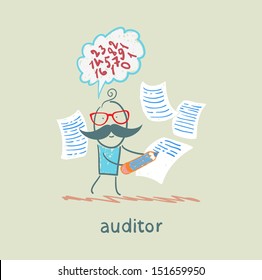 Auditor writes on a piece of paper and think about the formulas