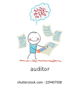 Auditor writes on a piece of paper and think about the formulas