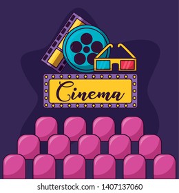 auditorium billboard reel film glasses cinema movie vector illustration