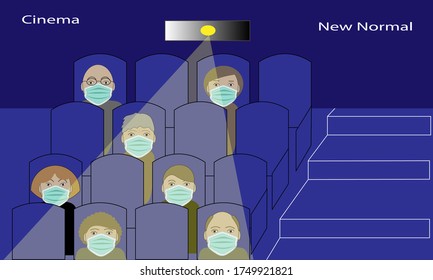 An auditorium in a cinema. Spectators are sitting  at a safe social distance. All of them are wearing medical face masks because of pandemic. 