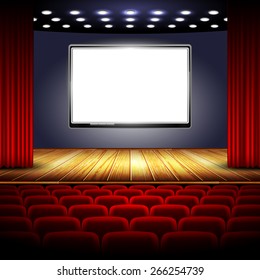 auditorium cinema system with screen, stage and red curtain