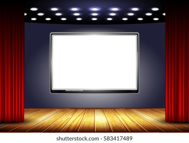 auditorium cinema system with screen, stage and red curtain
