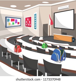 Auditorium College Seminar Conference Room at School with giant white screen rounded table and chair for Cartoon Vector Illustration Ideas