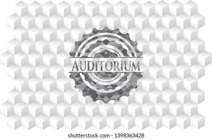 Auditorium grey badge with geometric cube white background
