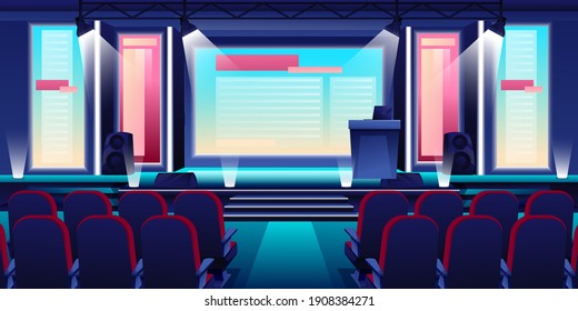 Auditorium hall for business conference or seminar interior background. Podium in spotlight, seats for audience vector illustration. Event or forum convention in modern center.