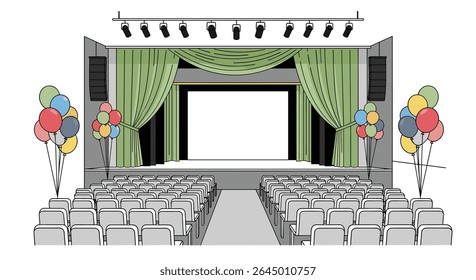 Auditorium Interior Design with Stage Seating and Balloons for Event Decoration Theme