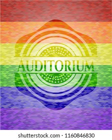 Auditorium on mosaic background with the colors of the LGBT flag