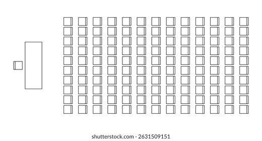 Ícone de plano de assento de auditório, sala de aula, tribunal, reunião, conferência, treinamento, evento comercial, ícone de mesa, traço personalizável, vetor, ilustração
