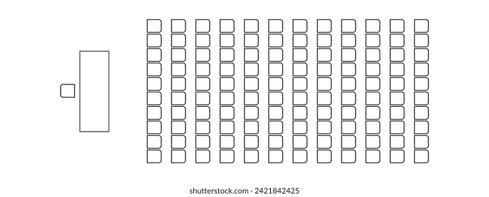 Auditorium seating plan top view. Schema of seats in classroom, lectorium, meeting, conference, training, seminar, business event. Desk and chairs icons. Furniture symbols. Vector graphic illustration