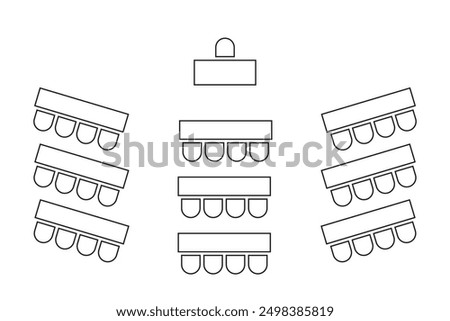 Auditorium seatings plan. Classroom or lectorium seats arrangment. Schema of workspace in meeting, conference, training or other business event. Desks and chairs icons top view. Vector illustration.