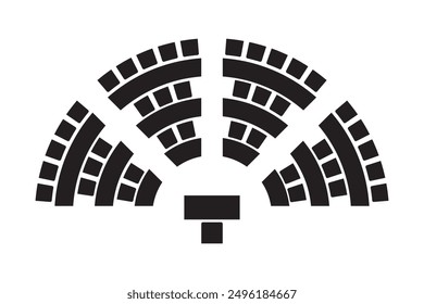 Auditorium seatings plan in half circle arrangment. Schematic diagram of seats in classroom, lectorium or meeting, conference or seminar event. Desks and chairs icons top view. Vector illustration.