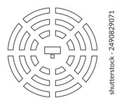 Auditorium seatings plan in round or amphitheater arrangment. Top view. Schema of seats in lectorium or meeting, conference or parliament. Tables furniture icons. Vector graphic illustration.