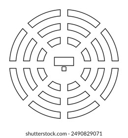 Auditorium seatings plan in round or amphitheater arrangment. Top view. Schema of seats in lectorium or meeting, conference or parliament. Tables furniture icons. Vector graphic illustration.