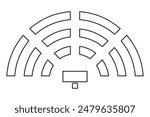 Auditorium seatings plan in semicircle arrangment. Schema of seats in classroom, lectorium or meeting, conference, training or seminar event. Desks and chairs icons top view. Vector illustration.