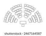 Auditorium seatings plan top view, semicircle arrangment. Schema of seats in classroom, lectorium or meeting, conference, training or seminar event. Desks and chairs icons. Vector graphic illustration