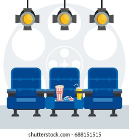 Auditorium and three blue comfortable armchairs in the cinema under spotlight. Drinks and popcorn, glasses for movie Flat vector cartoon illustration. Objects isolated on a white background.