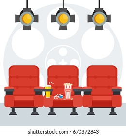 Auditorium and three red comfortable armchairs in the cinema under spotlight. Drinks and popcorn, glasses for movie Flat vector cartoon illustration. Objects isolated on a white background.