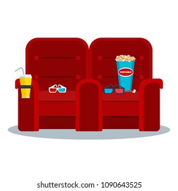 Auditorium and two red comfortable armchairs in the cinema. Drinks and popcorn, glasses for movie. Flat vector cartoon Cinema seats illustration. Objects isolated on a white background.