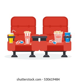 Auditorium and two red comfortable armchairs in the cinema. Drinks and popcorn, glasses for movie Flat vector cartoon Cinema seats illustration. Objects isolated on a white background.