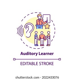 Auditory Learner Concept Icon. Learning By Sound. Hearing Information. Self Development And Studying Idea Thin Line Illustration. Vector Isolated Outline RGB Color Drawing. Editable Stroke