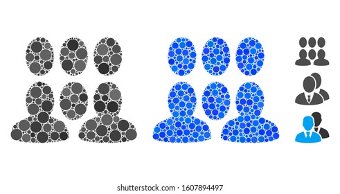 Auditory mosaic of circle elements in different sizes and shades, based on auditory icon. Vector circle elements are combined into blue illustration. Dotted auditory icon in usual and blue versions.