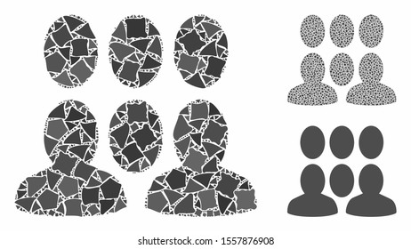 Auditory mosaic of unequal items in variable sizes and color tints, based on auditory icon. Vector unequal pieces are composed into mosaic. Auditory icons collage with dotted pattern.