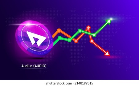 El audio (AUDIO) tiene una moneda morada. Símbolo de criptodivisa con gráfico de inversión en bolsa verde y rojo. Icono de moneda en fondo oscuro. Concepto de negocios de tendencias económicas. Vector 3D.