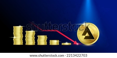 Audius (AUDIO) on blue background. Stablecoin blockchain token price down from pile of gold coins.There is space to enter message. Nice for cryptocurrency and digital money concept.