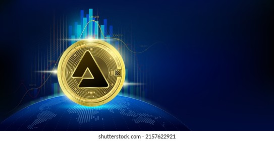 Audius gold coin. Token cryptocurrency future. Blockchain stock market and crypto currencies. Blank screen empty space for advertise text. Banner for news on world map. Vector EPS10.