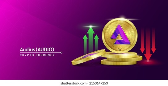 Banner de criptodivisa de token de audio. Futura moneda en el mercado bursátil de blockchain con flechas rojas-verdes arriba y abajo. Monedas de oro cripto monedas. Cartel de noticias de fondo morado. Vector 3D.