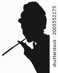 Audrey Hepburn silhouette classic profile with cigarette. Black vector on white background. 