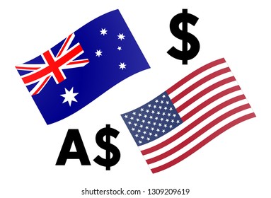 AUDUSD forex currency pair vector illustration. Australian and United States flag, with Dollar symbol.