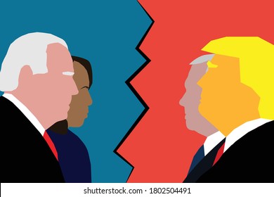 Aug 25, 2020 - Character Illustration of Joe Biden and running mate Kamala Harris facing Donald Trump and vice president Mike Pence. Illustrating the 2020 US presidential election